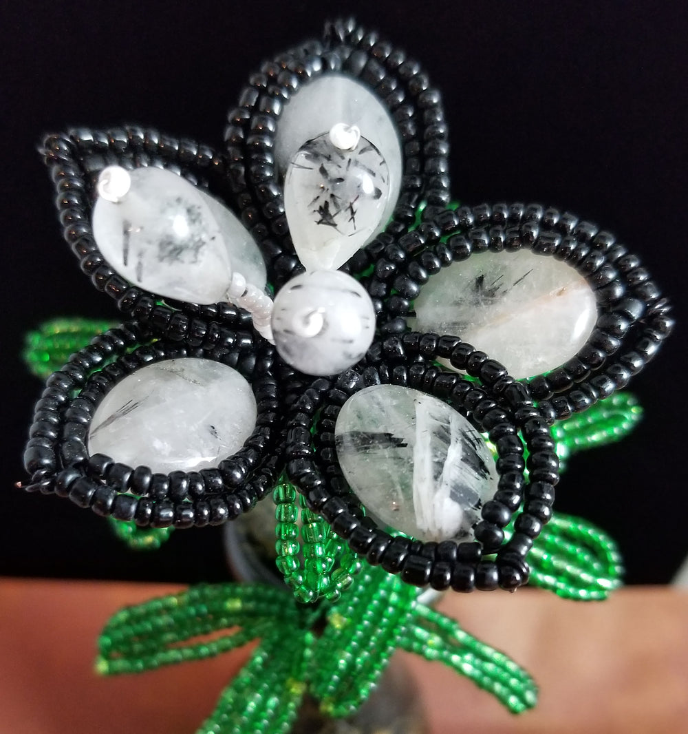 Stone Flower - Rutiliated Quartz and Seed Beads